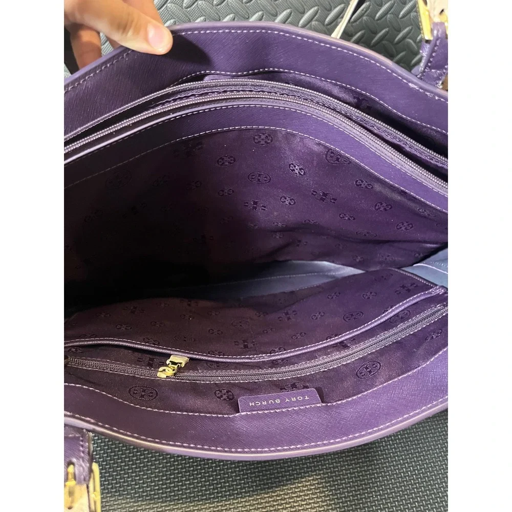 Tory Burch Buckle Tote Womens Large Purple Saffiano Leather Shoulder Bag